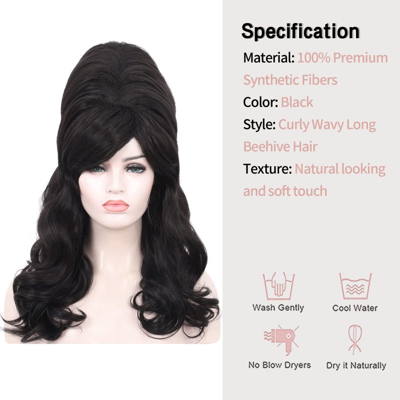 Kalyss Natural Black Beehive Wig Womenâ€™s Curly Wavy Long Heat Resistant Synthetic Hair Cosplay Costume Wigs (Natural Black) - Image 5
